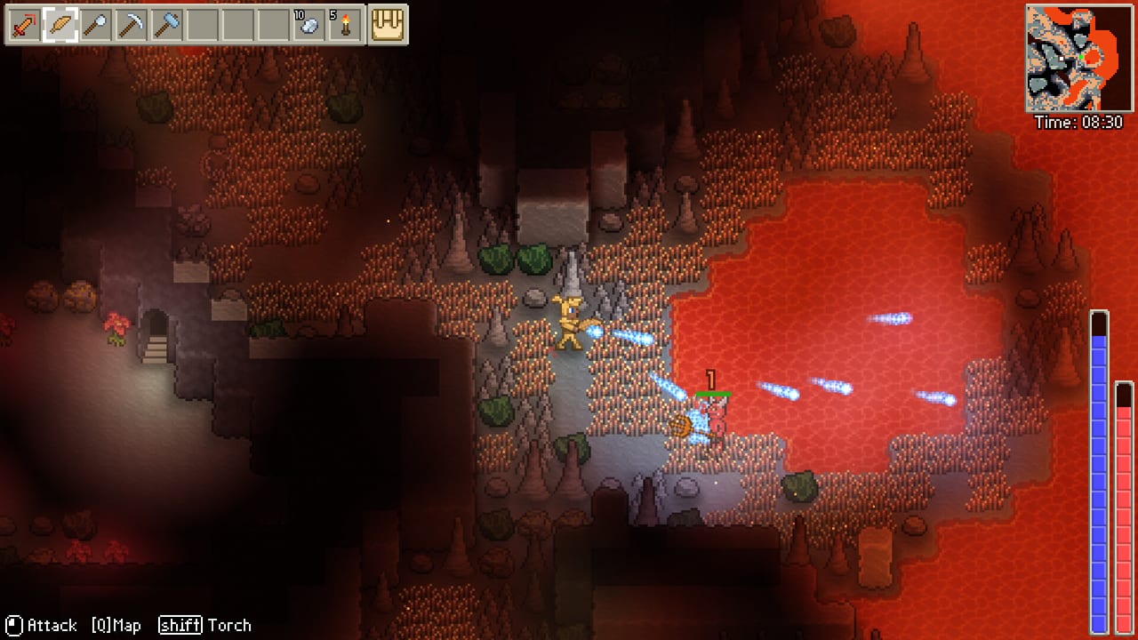 Delverium dungeon combat beside lava, with a player firing magic projectiles
