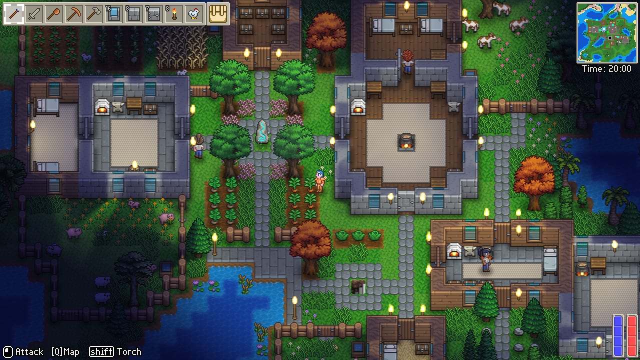 Delverium homestead with stone houses, crop fields, livestock, and night lighting