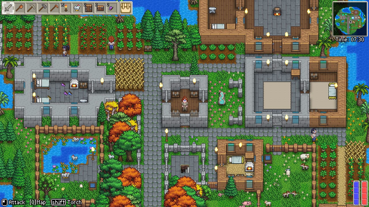 Delverium settlement with farms, livestock pens, and stone houses at dawn