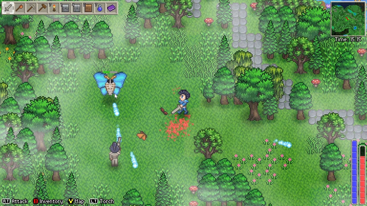 A Delverium adventurer fighting a giant moth in a sunlit forest